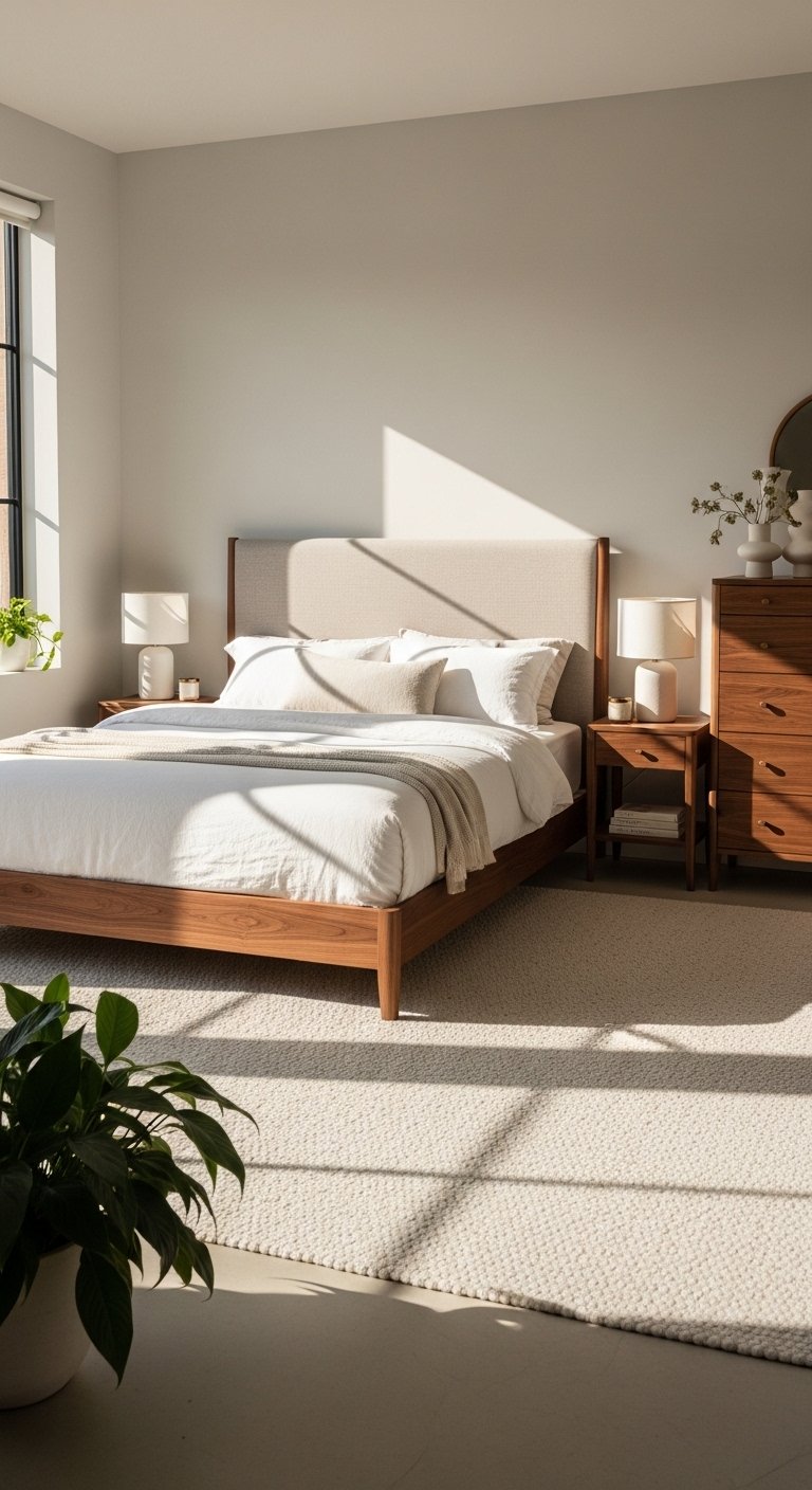 Brown bedroom ideas with walnut wood furniture and warm textured styling