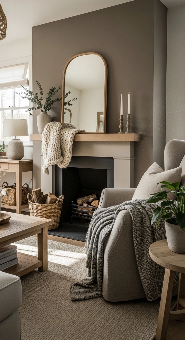 Modern farmhouse fireplace ideas with warm greige fireplace