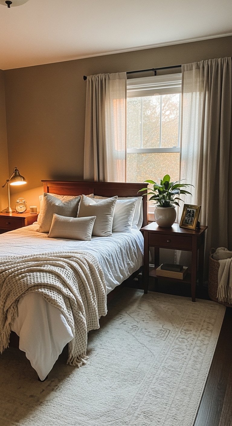 Brown bedroom ideas with warm taupe walls, white bedding, and wood accents