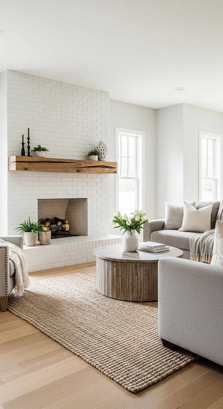Modern farmhouse fireplace ideas with white brick and wood mantel